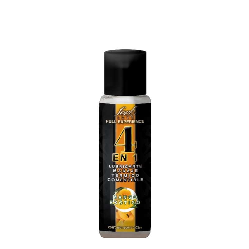 4 en 1 Lubricante y Aceite para Masaje Efecto Térmico Caliente Comestible Sabor Mango 30ml Feel Love