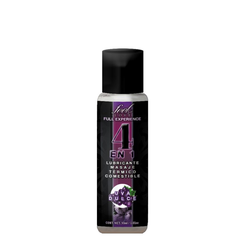 4 en 1 Lubricante y Aceite para Masaje Efecto Térmico Caliente Comestible Sabor Uva 30ml Feel Love