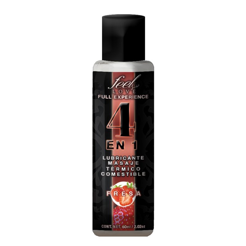 4 en 1 Lubricante y Aceite para Masaje Efecto Térmico Caliente Comestible Sabor Fresa 60ml Feel Love