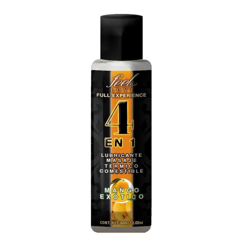 4 en 1 Lubricante y Aceite para Masaje Efecto Térmico Caliente Comestible Sabor Mango 60ml Feel Love
