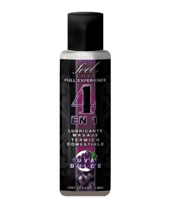 4 en 1 Lubricante y Aceite para Masaje Efecto Térmico Caliente Comestible Sabor Uva 60ml Feel Love