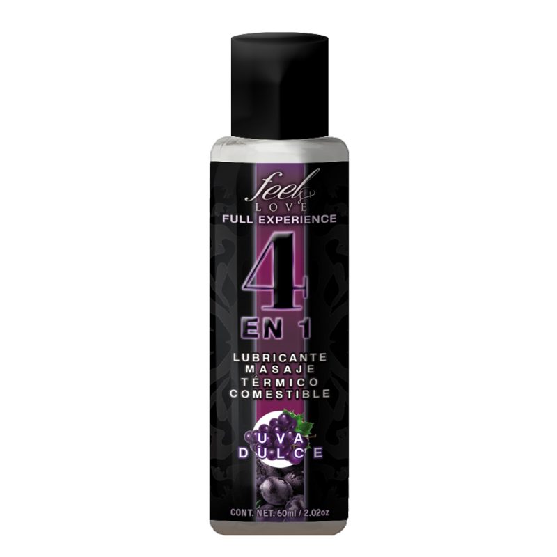 4 en 1 Lubricante y Aceite para Masaje Efecto Térmico Caliente Comestible Sabor Uva 60ml Feel Love