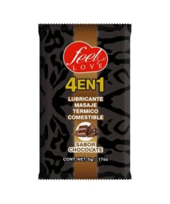 4 en 1 Lubricante y Aceite para Masaje Efecto Térmico Caliente Comestible Sabor Chocolate Sobre 5ml Feel Love