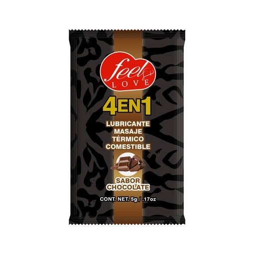 4 en 1 Lubricante y Aceite para Masaje Efecto Térmico Caliente Comestible Sabor Chocolate Sobre 5ml Feel Love