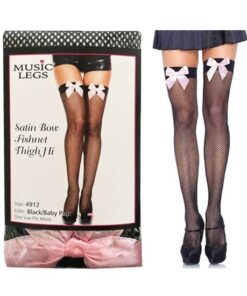 Satin Bow Fishnet Thigh Hi - One Size - Black /   Baby