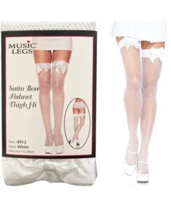 Satin Bow Fishnet Thigh Hi - One Size - White / Baby