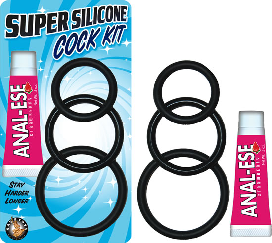 Kit de Anillos para Pene Super Silicone Cock Kit con Lubricante de Fresa Nasstoys