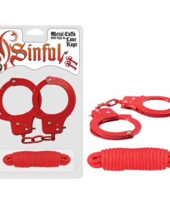 SINFUL METAL CUFFS W/KEYS & LOVE ROPE- RED
