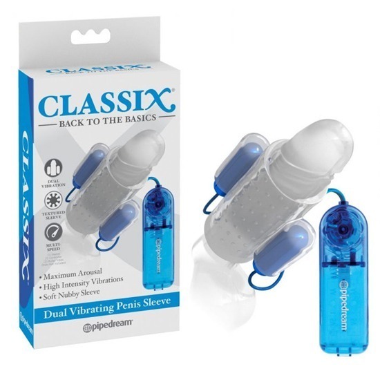 Funda Vibradora para Pene Classix Dual Vibrating Penis Sleeve Blue & Clear Pipedream