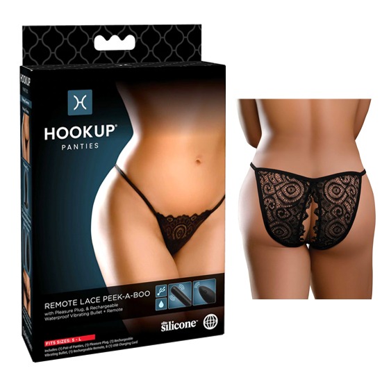 Panty Peek-A-Boo de Encaje con Plug y Vibrador Bullet a Control Remoto Hookup Unitalla S-L
