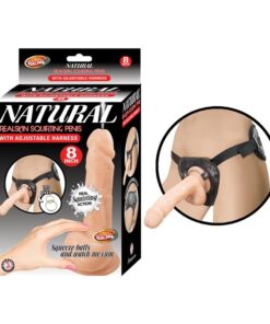 Natural Realskin Squirting Penis W/Adjustable Harness 8"Flesh