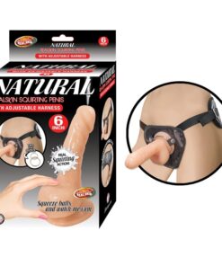 Natural Realskin Squirting Penis W/Adjustable Harness 6"Flesh
