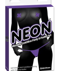 Neon Vibrating Crotchless Panty And Pasties Set Purple