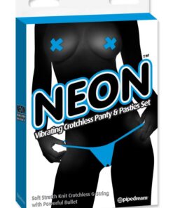Neon Vibrating Crotchless Panty And Pasties Set Blue