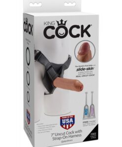 King Cock Uncut With Strap-On Harness Tan 7"