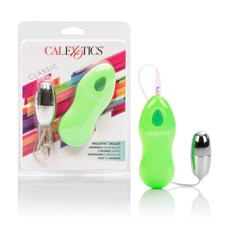 Vibrador tipo Bullet Plateado con Control Ergonómico Verde Ballistic Bullet CalExotics