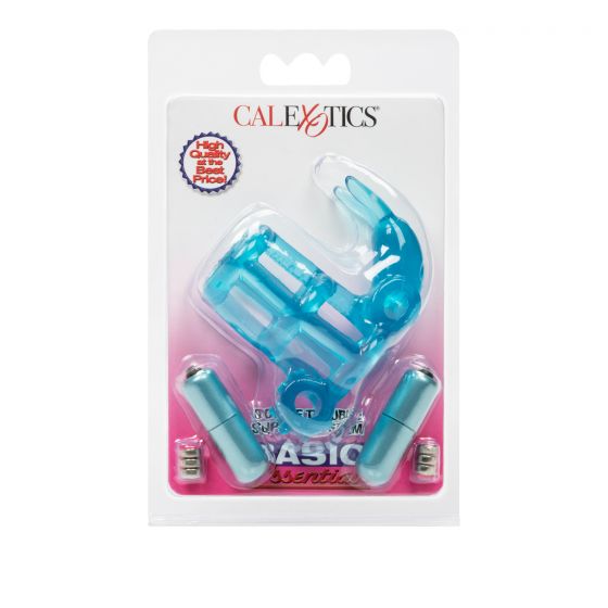 Anillo Vibrador Doble con Estimulador de Clítoris Basic Essentials Double Trouble Azul CalExotics