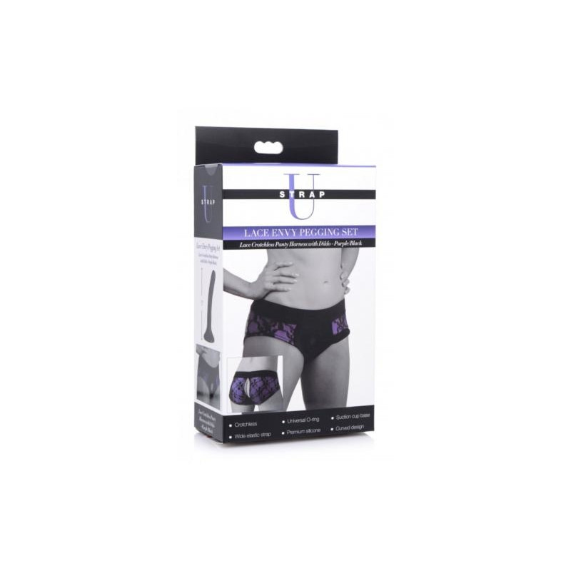 Kit Pegging Lace Envy Panty Harness y Dildo de Silicona Morado U-Strap Curve