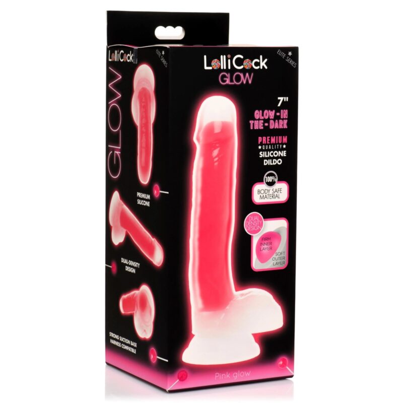 Dildo de Silicona 7" que Brilla en la Oscuridad LolliCock Glow — Pink Glow, con Testículos, Ventosa y Dual Density · fotografía 1