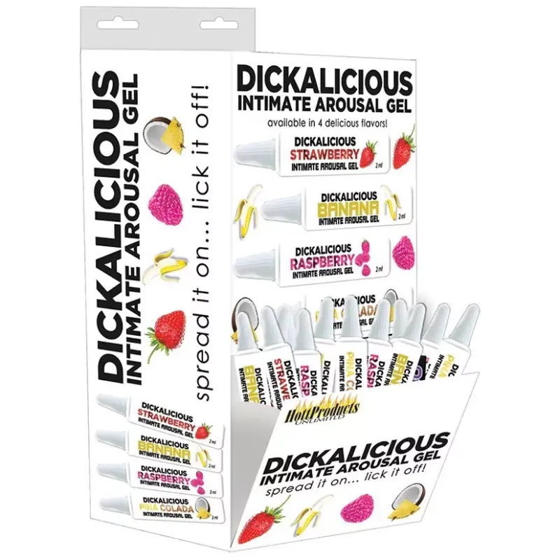 Gel de Excitación Comestible Dickalicious Display Sabores Surtidos 144 pzas 2ml Hott Products