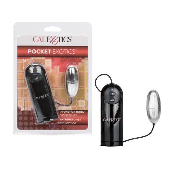 Vibrador Tipo Bullet con Control Pocket Exotics 7 Function Ultra Silver Bullet Black CalExotics